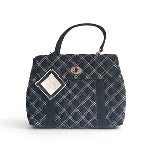 Vera Bradley Spectator Handbag Top Handle Turn Lock Black White Cross Stitch NEW